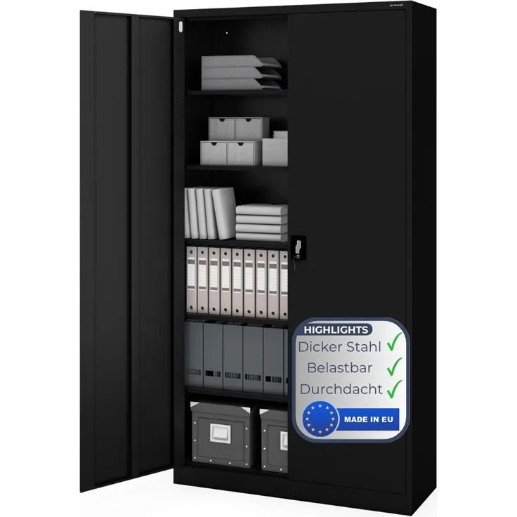 Aktenschrank abschließbar KADO - 6 Ebenen verstellbar, Flügeltüren | Metallschrank Werkstatt Mehrzweckschrank Büroschrank aus Stahl Werkzeugschrank, 220 x 115 x 40 cm Schwarz