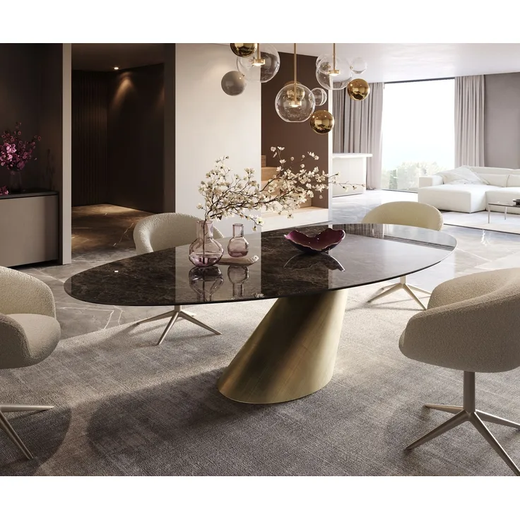 Esstisch Edge Oval 280x130 Keramik Emperador Extra Lucidato Dunkelbraun Cono Metallic Gold