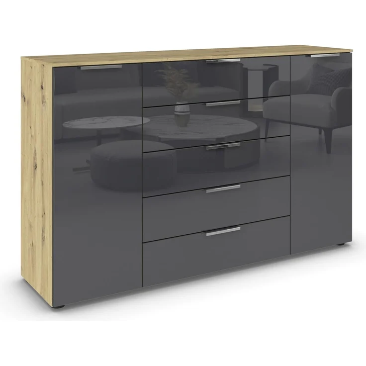 Rauch Möbel Flipp, Kommode für Schlafzimmer, Kinderzimmer, Wohnzimmer, Flur, Garderobe, 2-türig, 5 Schubladen, mit Softclose-Funktion, Farbe Eiche Artisan, Holz/Glas Basalt, Schwarz, Breite 160 cm
