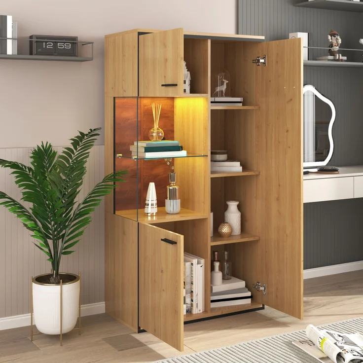 Vitrine aus MDF mit Glastür & LED-Beleuchtung, 77,5x40x150 cm, Natur – Bild 3