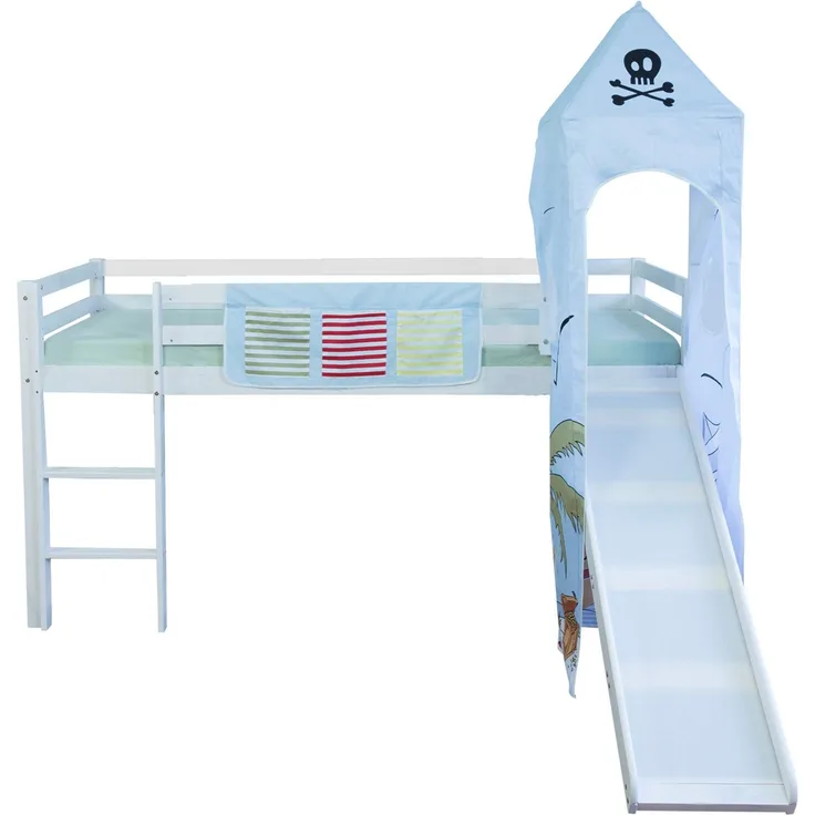 Hochbett Spielbett Kinder 90x200 cm mit Leiter & Rutsche, Turm Bettgestell, Holz Massiv, Insel Pirat Blau