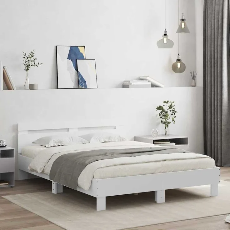 vidaXL Bettrahmen mit LED-Lichtleisten Weiß 152 x 203 cm Holzwerkstoff 3402852