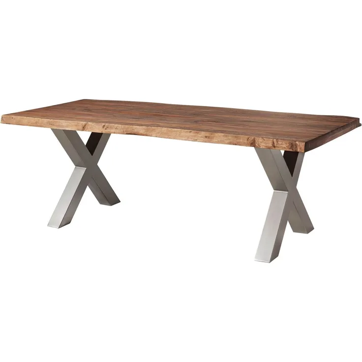 Baumtisch Sheesham 180 x 90 x 77 grau gebeizt / X-Beine silber matt FREEFORM 5