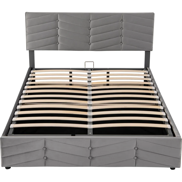 Polsterbett Doppelbett, hydraulisches Funktionsbett im Streifen-Stil mit höhenverstellbarem Kopfteil Continentalbett, Samt, Grau, 140 x 190 cm – Bild 8