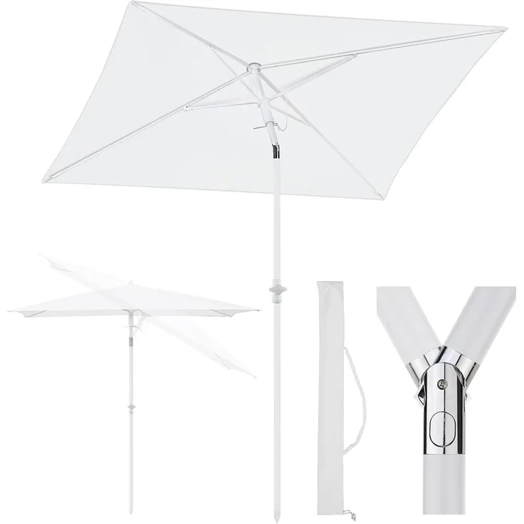 Sekey 180 × 125 cm Sonnenschirm mit Schutzhülle, Balkonschirm Gartenschirm Terrassenschirm, Sonnenschutz UPF50+, Kippbar, Höhenverstellbar, Rechteckig- Creme