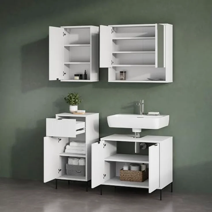 Livinity® Midischrank ATERNO, Weiß, 40 x 87 cm mit Tür und Schublade – Bild 6