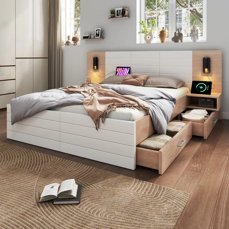 Doppelbett Holzbett Bettanlage mit 2 Schubladen, Kopfteil Leselicht mit USB Ladefunktion, Modernes Bett inkl. 2 Nachtkommode, Bettgestell & Lattenrost, Set in Eiche/Weiß, Ohne Matratze, 180×200 cm – Bild 8