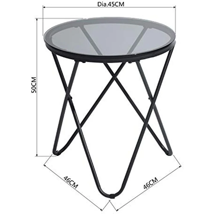 39F FURNITURE DREAM Couchtisch, rund, aus Metall und Hartglas, skandinavischer Nachttisch, für Wohnzimmer, Grau, Glas, 45x45x50cm – Bild 3