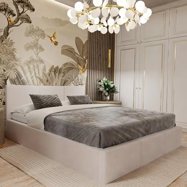 Muralo Polsterbett mit Bettkasten und Kopfteil, Metallgestell, Creme, 120x200 cm, ohne Matratze – Bild 2