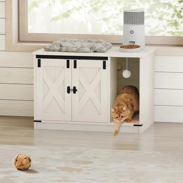 Katzenschrank, Katzentoilette, Katzenklo Schrank, Versteckte Katzentoilette Kabinett Möbel mit Katzenglocke, Indoor-Katzenhaus, 80 x 50 x 53 cm, für Flur, Schlafzimmer, Weiß – Bild 1