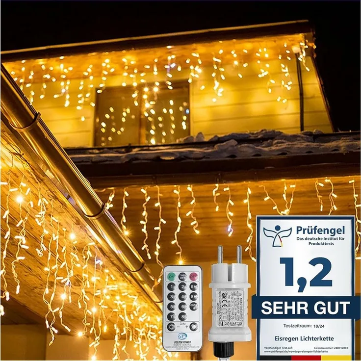 GarveeMore LED-Lichterkette Eisregen für außen, extra hohe LED-Dichte, strombetrieben, warmweiß, 1100-flammig, Mit Fernbedienung & Timer, IP44, ideal für Dachrinne & Balkon