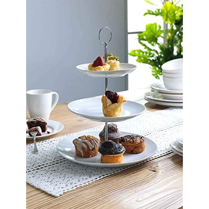 Home4You Etagere Servier-Ständer, Höhe 37 cm, 3 Etagen, weiß, Porzellan, (1-tlg), Ø 26 cm, für Obst, Süßigkeiten, Kuchen, Desserts – Bild 4
