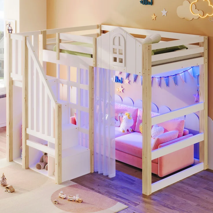 Hochbett 90x200 cm mit LED-Leuchten, Fensterform, Ablageleiter, offenem Staufach, Gaze, Kiefernholz, Weiß+Natur – Bild 3