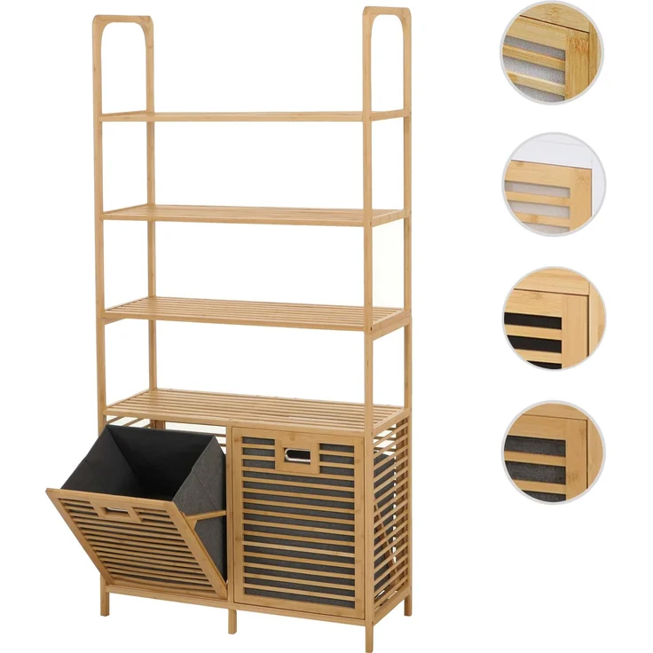 Bambus-Badezimmerschrank HWC-N83, Regal Badschrank, 2 Wäschekörbe 4 Regalböden MVG 168x81x33cm ~ natur, Korb grau – Bild 10