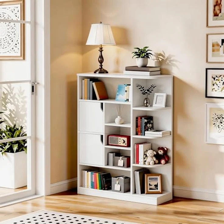 YITAHOME Freistehendes Bücherregal mit 9 offenen Regalböden und 2 Türen (Stoffbezug) für Wohnzimmer, Schlafzimmer, Büro, Weiß, 80 × 24 × 120 cm (B × T × H) – Bild 4