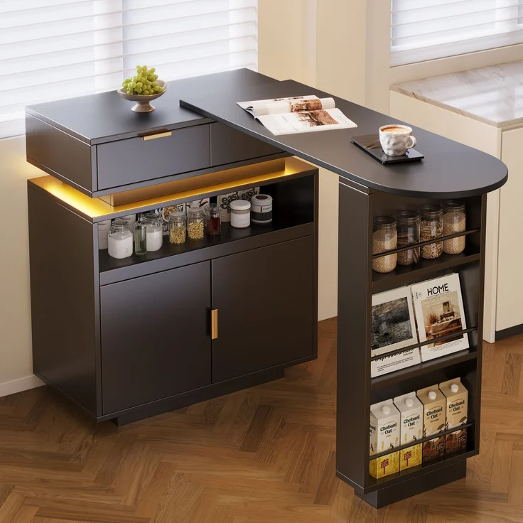 Merax Ausziehbarer Bartisch (115-183 × 40 × 99 cm), ausziehbare Kücheninsel, Bartisch mit Stauraum, LED‑Beleuchtung, 360° Drehfunktion, mobile Kaffeebar, geeignet für Küche und Esszimmer, Schwarz – Bild 3