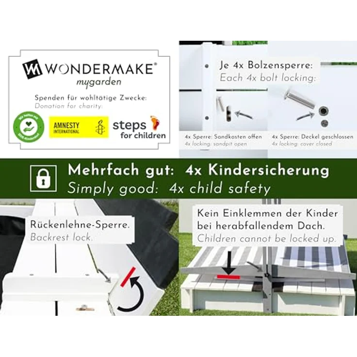 WONDERMAKE Sandkasten quadratisch 120x120 cm mit Abdeckung, Dach, Deckel, Sitzbank und Bodenbank, Holz, grau schwarz, UV-Schutz – Bild 3