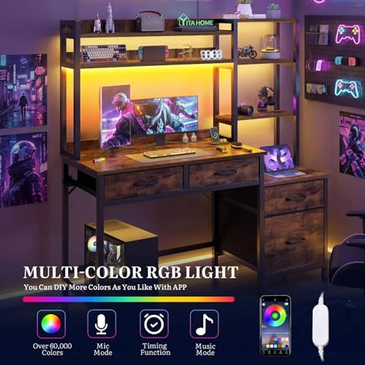 YITAHOME Computer Schreibtisch mit Schubladen, Home Office Ecke Computer Tisch Aufbewahrungen & Regale, Gaming Schreibtisch Arbeitsstationen mit LED Licht & Steckdosen, Eck Schreibtisch, Vintage-Braun – Bild 7