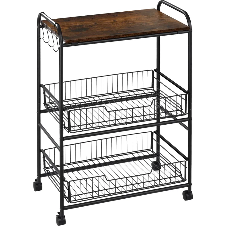 MELAYR, Hilfswagen mit 3 ebenen Rädern, Küchenwagen mit 2 Körben und 4 Haken, 60 x 38 x 85,5 cm, Rustikalbraun