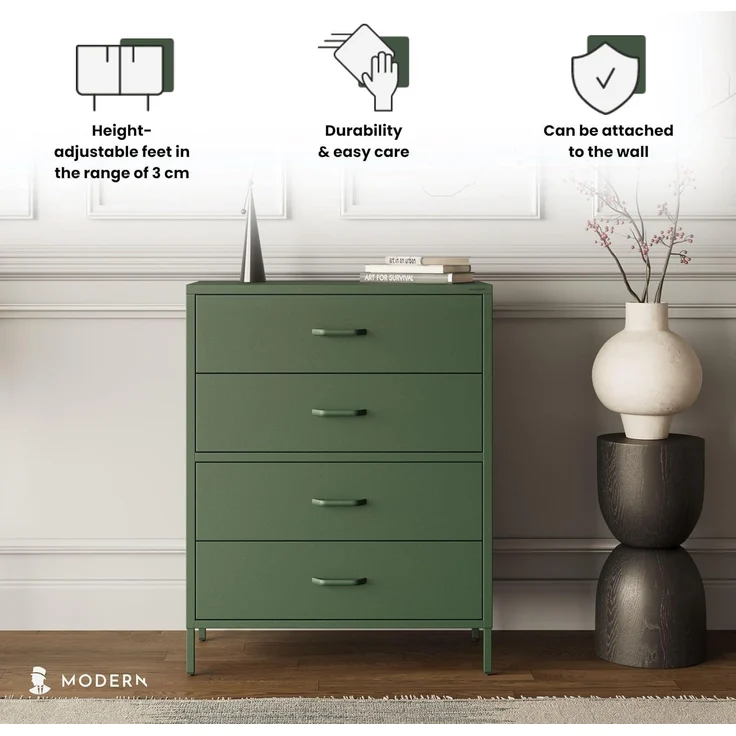 Jan Nowak Metall Kommode mit Schubladen - Carla | Komodenschrank für Schlafzimmer, Wohnzimmer, Kinderzimmer | Industrial Loft Style | Schubladenkommode Glitzernd | 80 x 101,5 x 40 cm | Flaschengrün – Bild 3