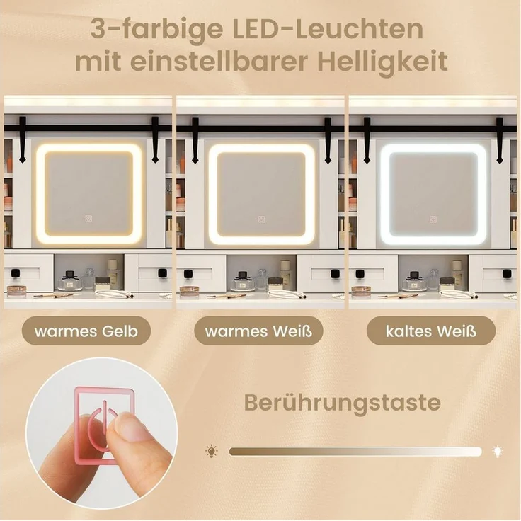 COSTWAY Schminktisch (1-St), mit LED-Beleuchtung, 4 Schubladen, Hocker – Bild 2
