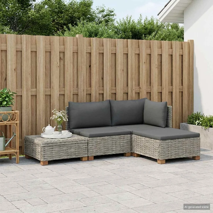 vidaXL 4 stk. Rattan-Lounge-Set mit Kissen GENDT Naturrattan Kubu Grau 3429845 – Bild 3