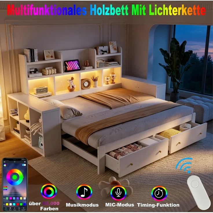 CHICFURN Bett aus MDF in Weiß 90/180x200 cm mit Stauraum, Steckdosen und LED-Beleuchtung – Bild 4