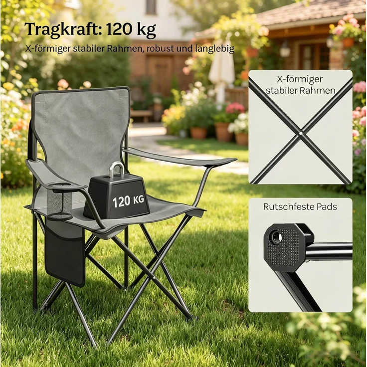 Campingstuhl 47 x 76 x 80,5 cm, 2er-Set in Dunkelgrau mit Getränkehalter und Tragetaschen – Bild 5