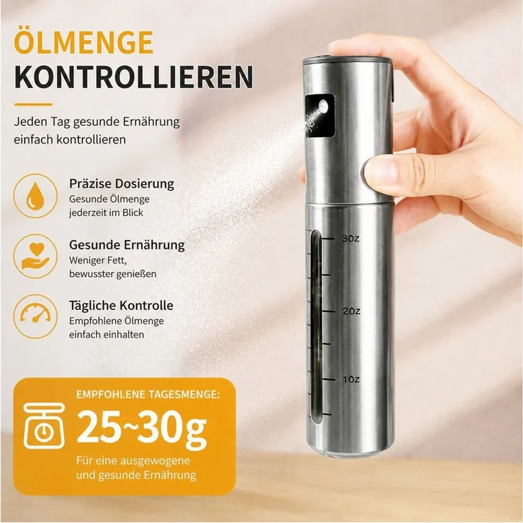 ibettertec Ölspender Edelstahl Ölspender 2er Set 100ml, Öl Sprüher mit Messskala, (Hochwertiger Ölzerstäuber aus Edelstahl, rostfrei und langlebig, 2-tlg, für Küche, BBQ, Backen und Salate), mit 1 Ölpinsel, 1 Trichter und 1 Reinigungsbürste, für Öl – Bild 4