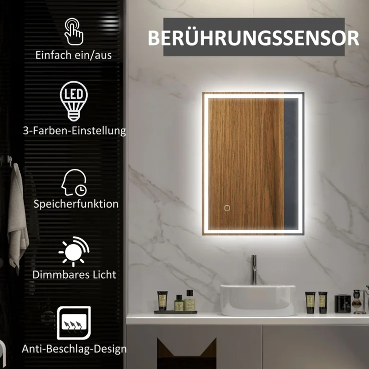 LED-Badezimmerspiegel 70 x 4 x 50 cm aus Glas, mit Touch-Steuerung und Antibeschlag-Funktion – Bild 5