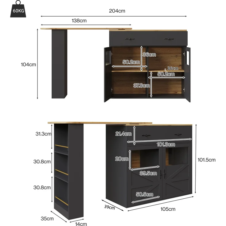 Ausziehbarer Bartisch Schwarz mit 360° Drehfunktion, MDF Tischplatte geprägt, Acryl-Türen, Aluminium-Griffe, Stauraum, 104cmx138-204cmx39cm – Bild 7
