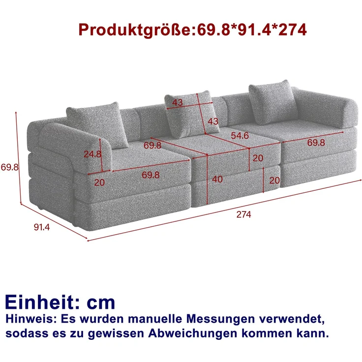 Schlafsofa aus Chenille, 2-in-1 mit Armlehnen-Ablagefach, 274x91,4x69,8 cm, Khaki – Bild 3
