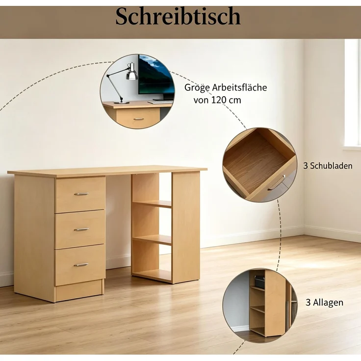 Funktionaler Computertisch,Moderner Schreibtisch mit Schubladen und offenem Regalfach,Bürotisch,Schreibtisch (nur mit Bürotisch)--Holz--120x49x72cm--YOUDENOVA – Bild 4