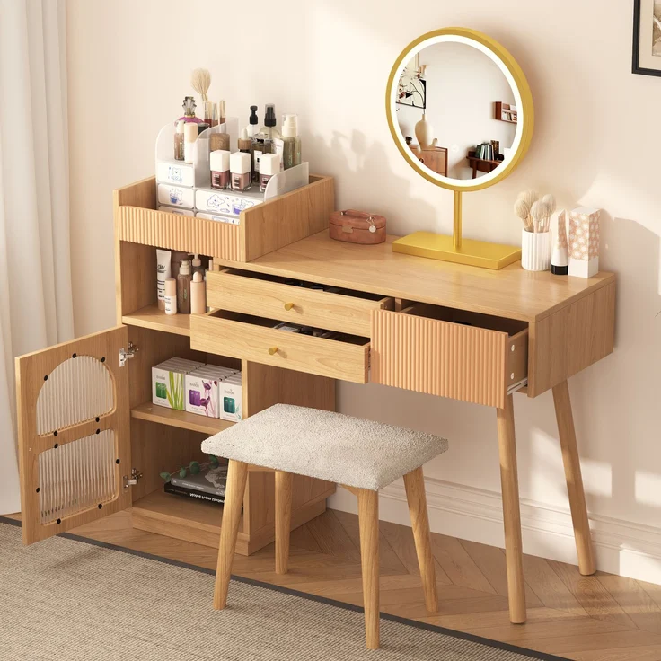 Schminktisch Make-up Tisch Set mit hochauflösendem LED-Spiegel, 3 Schubladen, Seitenschrank mit transparentem Regenbogenglas, Naturfarben – Bild 6