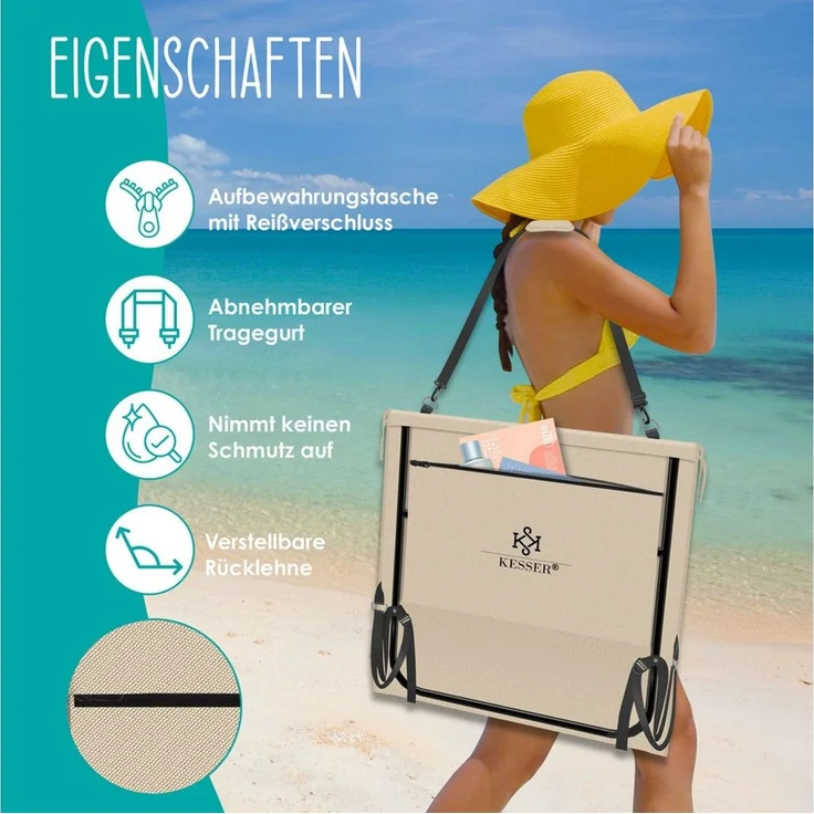 KESSER® Strandmatte klappbar mit verstellbarer Rückenlehne, Strandliege faltbar mit Tragegurt, wasserdichter Handyhülle & Aufbewahrungstasche, Sonnenliege für Strand Garten Terrasse, Liegematte 130Kg Beige, 2er Set – Bild 3