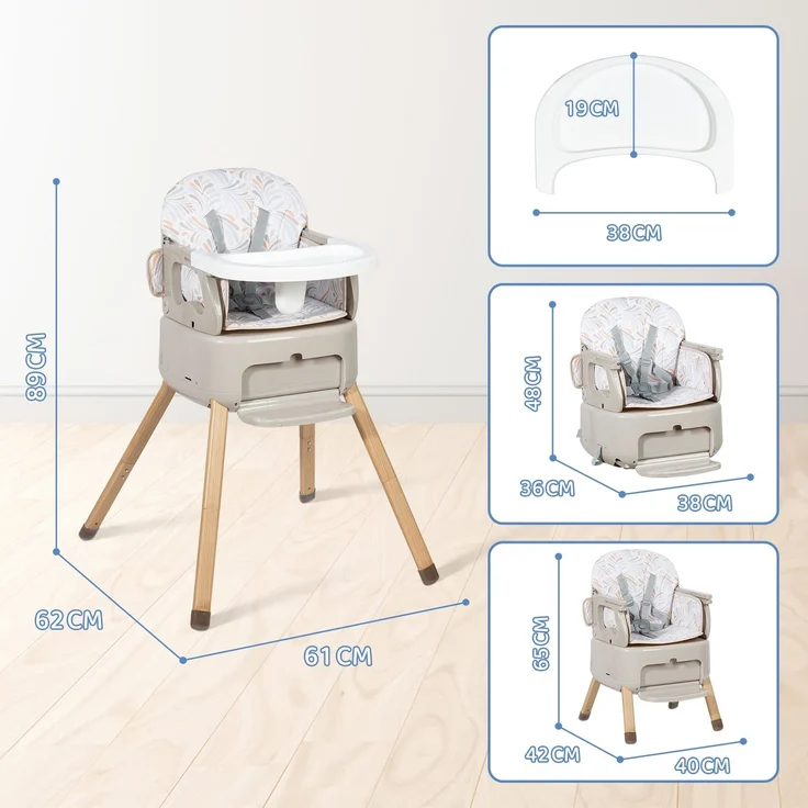 Leogreen Baby Hochstuhl 4 in 1 Babystuhl, Höhenverstellbar und Klappbar kinderhochstuhl, 5-Punkt-Gurt, abnehmbare Tablett, Fußstütze, Rutschfeste Stuhlbeinkappen, ab 6 Monate bis 3 Jahre, Grau – Bild 4