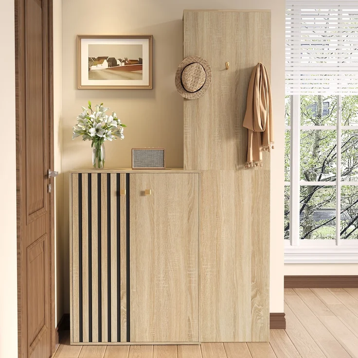 Moderne Flurgarderobe mit Stauraum,Garderobenset, Kompaktgarderobe,Schuhschrank,Flurgarderobe,mit Kleiderhaken,Kleiderstange, für den Flur--Natürlich--115x38.5x191.5cm--YOUDENOVA – Bild 7