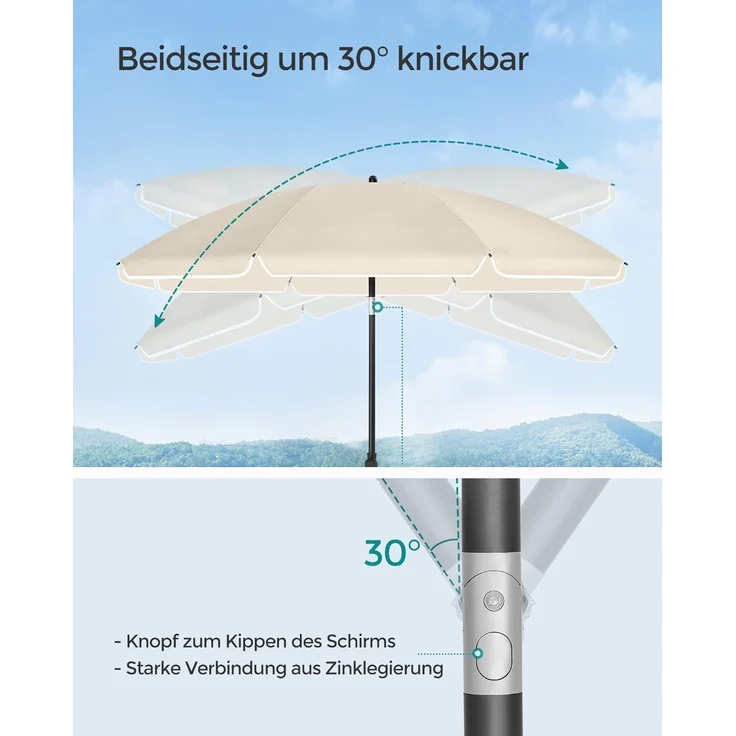 SONGMICS Sonnenschirm 160 cm, Sonnenschutz, UPF 50+, Strandschirm, beidseitig um 30° knickbar, höhenverstellbar, mit Tragetasche, für Balkon, Garten, Terrasse, Strand, ohne Ständer, beige GPU60WTV1 – Bild 3
