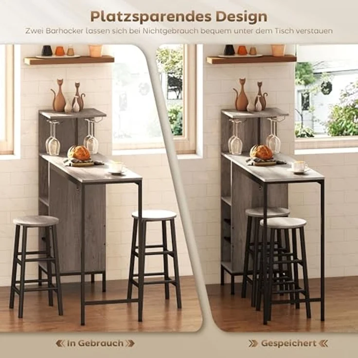 HOMCOM Bargruppe mit Stauraum, Fußstütze, (Bartisch-Set, 3-tlg, Esstisch mit 2 Stühlen), Platzsparendes Design, Grau – Bild 5