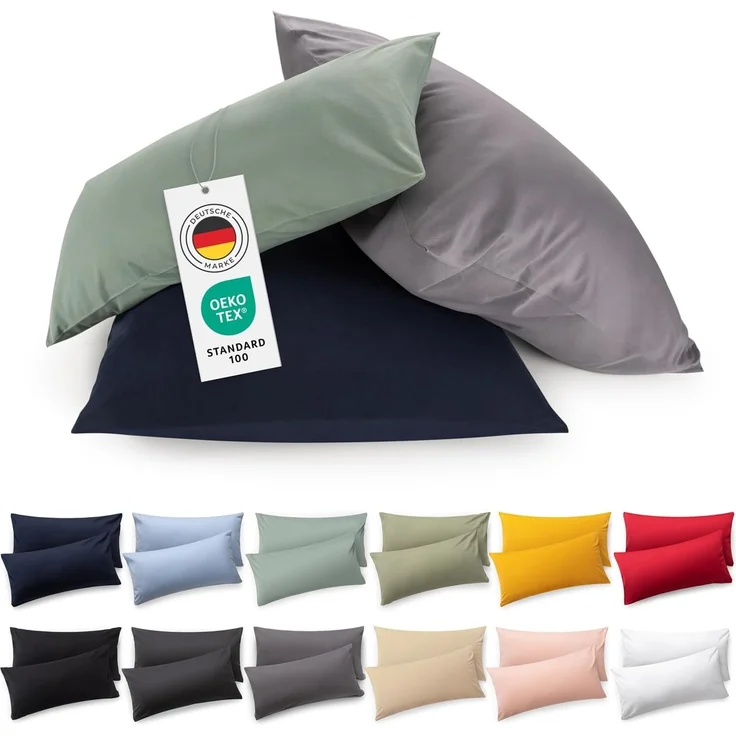 Blumtal Jersey Kissenbezug 40x70 im 2er Set - Oeko-TEX zertifizierte Kopfkissenbezüge 40x70 aus 100% Baumwolle - weiche Kissenhülle für Kissen 40x70 cm mit Reißverschluss - Schwarz – Bild 1