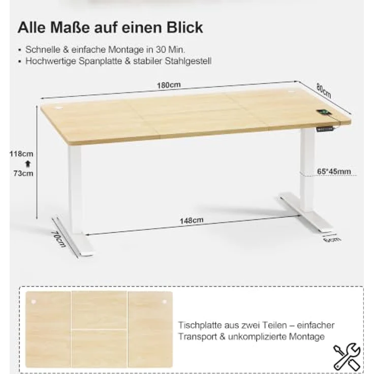 JUMMICO 180x80cm Höhenverstellbarer Schreibtisch, USB-Anschluss, 2 Höhen Memory-Funktion, Anti-Kollisions, Erinnerungsfunktion – Bild 2