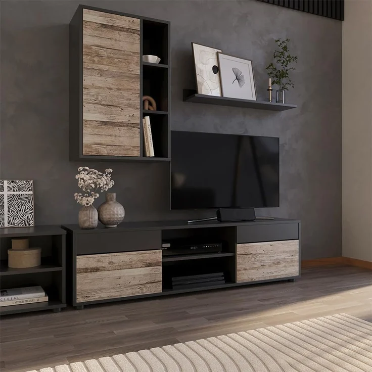 Wohnwand Berno Schwarz/Sandeiche 2 Teile Vicco – Bild 2