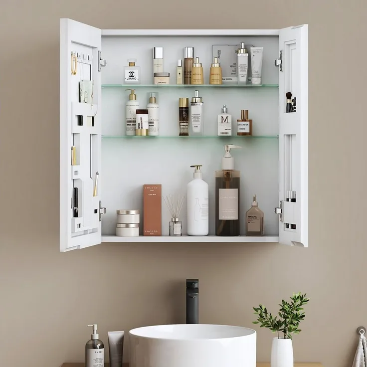 EMKE Spiegelschrank bad 60X65cm 2-türig Badezimmer Spiegelschrank Verstellbare Trennwand mit Stauraum und verstellbaren Regalen Badspiegelschrank für Bäder