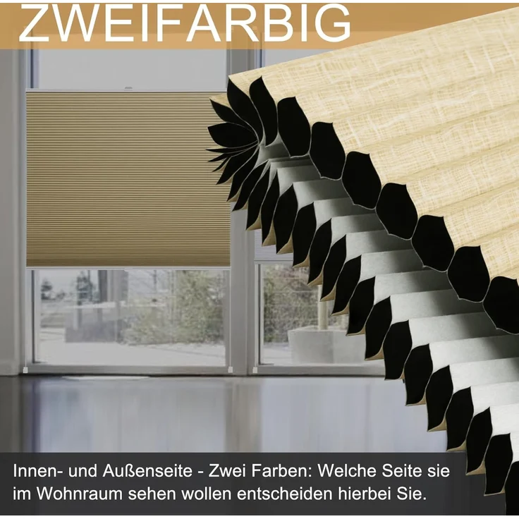 WOLTU Wabenplissee ohne Bohren Verdunklung Thermo Doppelplissee Klemmfix Zweifarbig 90x200 cm Beige-Weiß, Plissee Faltrollo Sonnen-, Sicht- & Schallschutz, Jalousie Plisseerollo für Fenster & Tür – Bild 3