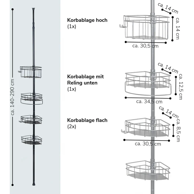 bremermann Teleskopregal Teleskop-Eckregal, 4 Körbe Duschregal bis max. ca. 290 cm – Bild 8