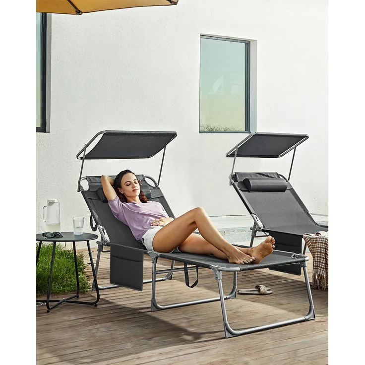 Songmics Gartenliege klappbar, mit Kopfstütze und verstellbarer Rückenlehne, 1x Sonnenliege, ohne Seitentasche, Dunkelgrau, 71 x 200 x 38 cm – Bild 4