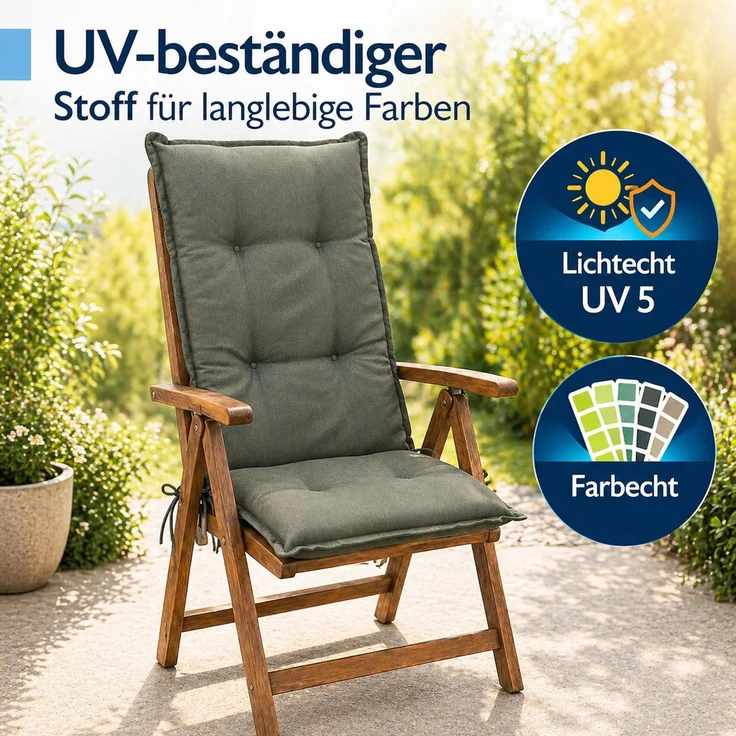 BURI 2x Hochlehner Auflage 117x49x6 cm - wetterfeste Gartenstuhlauflage mit Schaumkern & Vollvlies, Halteband & Bindebänder, bequemes Stuhlpolster für Balkon, Terrasse & Garten (Grün) – Bild 5