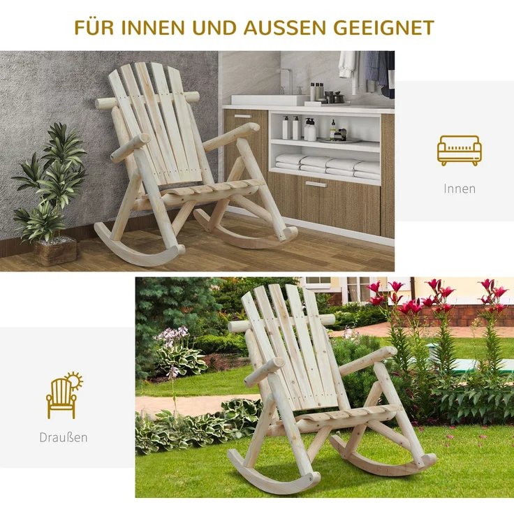 Schaukelstuhl aus Holz Schaukelsessel mit hoher Rückenlehne wetterfest Gartenstuhl bis 113kg belastbar Relaxstuhl für Wohnzimmer Garten, Rasen, Balkon Natur--Naturholz--98x66x96cm--YOUDENOVA – Bild 9