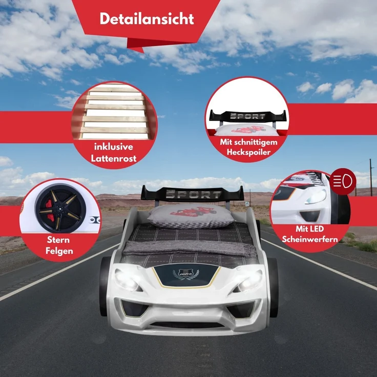 Autobett VENTO Kinderbett 90x200 cm Rennwagen-Bett inkl Lattenrost, Spoiler, LED-Licht, Farbe Weiß – Bild 4