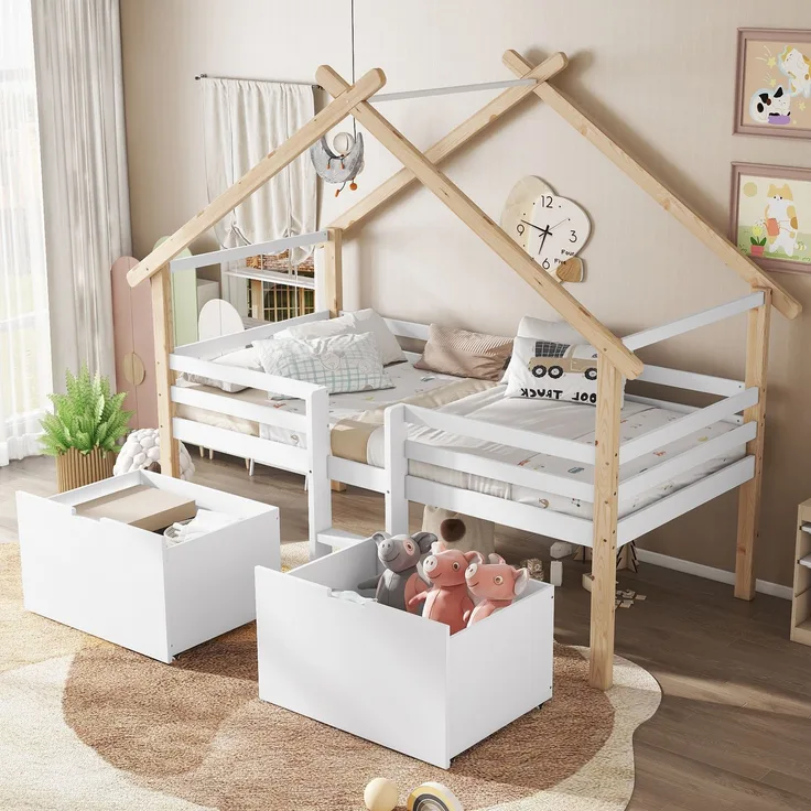Kinder Hausbett 90x200 halbhoch mit Dach & 2 Schränken - Weiß+Natur, mit Treppe,Sicherheitszaun, Stauraum,Spielbett